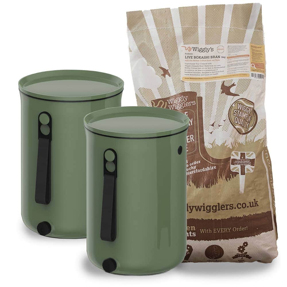 Wiggly Organko 2.0 Bokashi Compost Kitchen Waste Value Pack - Olive (2 Bins) + 5kg Bokashi
