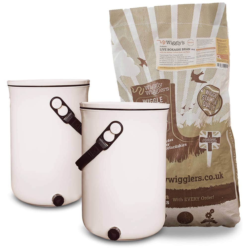 Wiggly Organko 2.0 Bokashi Compost Kitchen Waste Value Pack - Cream White (2 Bins) + 5kg Bokashi