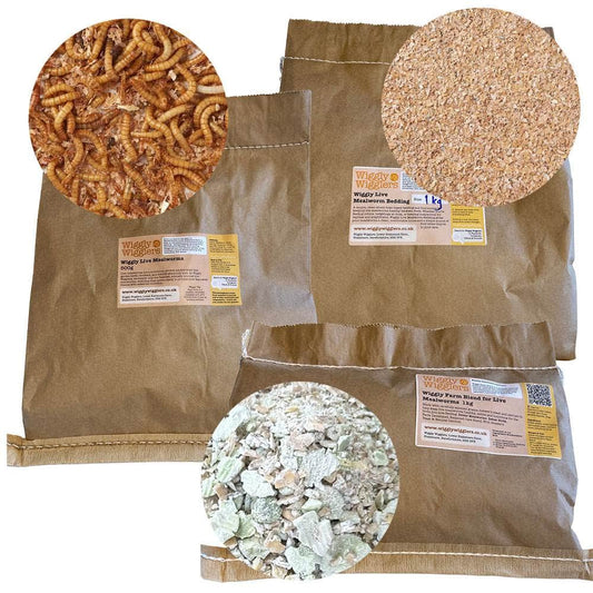 Wiggly Live Mealworm Care Kit– 500g Live Mealworms + Bedding + Farm Blend