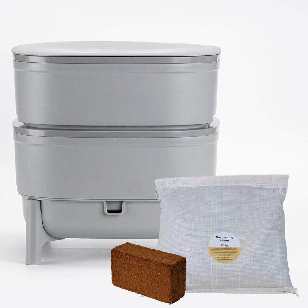 Compact Plastia Worm Farm from Wiggly Wigglers - Starter Kit With 250g Composting Worms / Grey