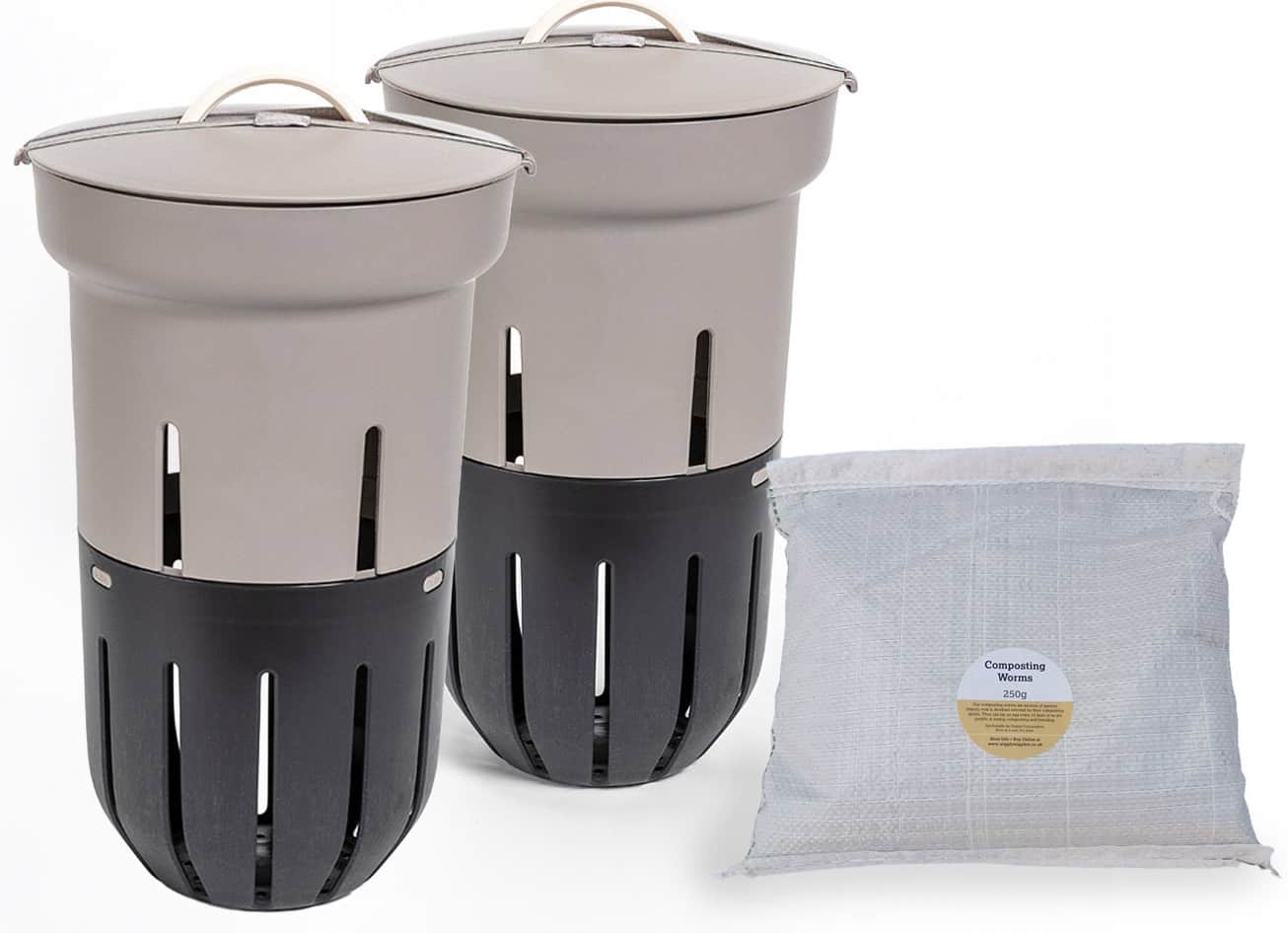 In-Ground Worm Farm Complete Kit – Turn Kitchen Waste into Living Soil (Raised Beds & Gardens) With 250g Composting Worms / TAUPE / Double Pack *BEST VALUE*
